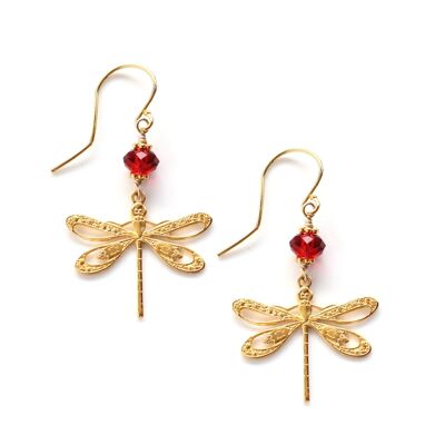 Scarlet red crystal and dragonfly earrings