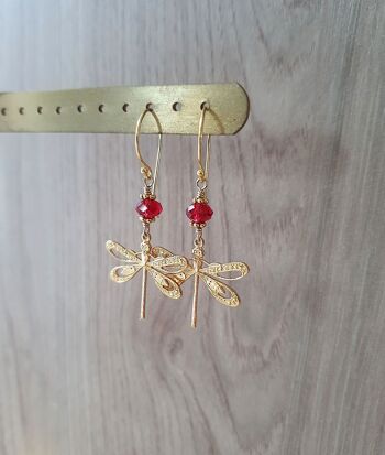 Boucles d'oreilles Libellule dorées avec cristaux Rouge Écarlate 3