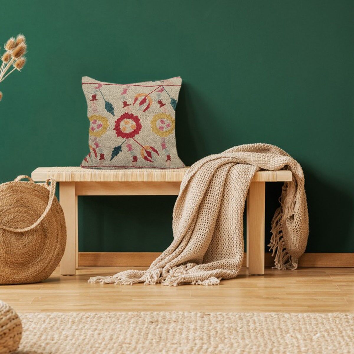 Fodera per cuscino in lana color talpa chiaro ricamata