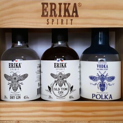 Boxes of three 20 cl bottles (Dry Gin, Vodka Polka, Old tom)