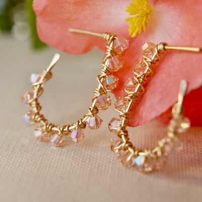 Yellow Gold Oval Open Hoops Huggie Stud Earrings, Peach Earrings, Peach Gemstone, Crystals