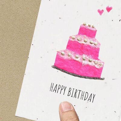 Carte d'anniversaire de gâteau rose, écologique, plantable, ensemencée