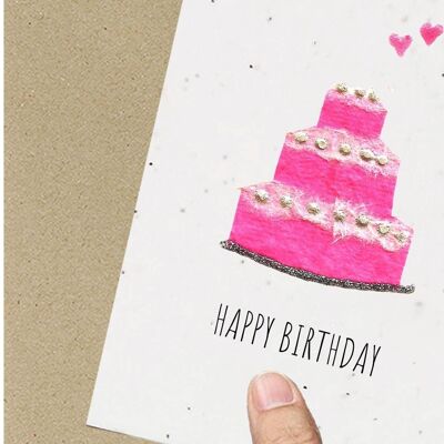 Pink Cake Birthday Card, Eco friendly, Plantable, Seeded