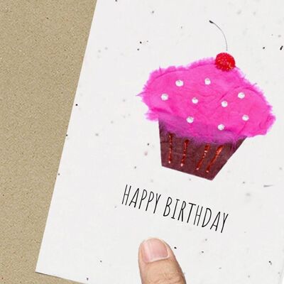 Carte d'anniversaire Cupcake, écologique, plantable, ensemencée