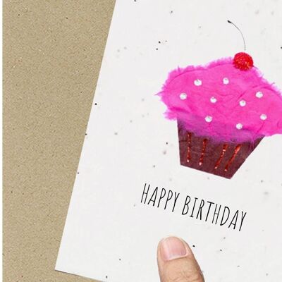 Carte d'anniversaire Cupcake, écologique, plantable, ensemencée