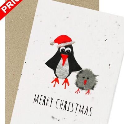 DISCOUNT Penguin Christmas Card, Eco-friendly, Plantable