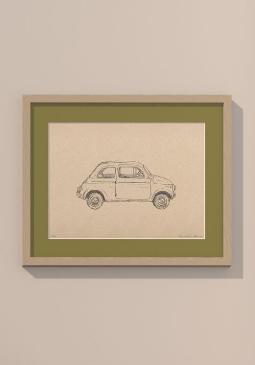 Print Fiat 500met passe-partout en lijst | 24 cm x 30 cm | Olivo