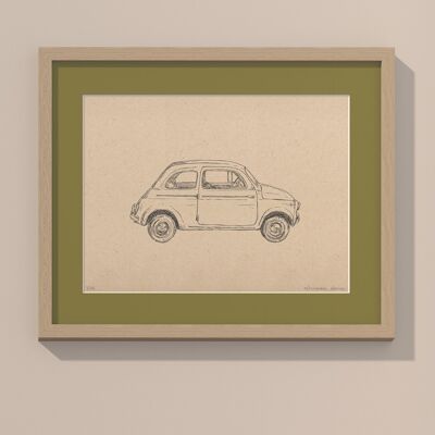 Fiat 500 mit Passepartout und Rahmen drucken | 24cm x 30cm | Olivo