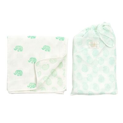 Elephant & Small Paisley Reversible Swaddle Blanket - Goa Green