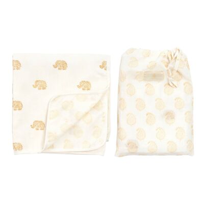 Elephant & Small Paisley Reversible Swaddle Blanket - Jodphur Sand