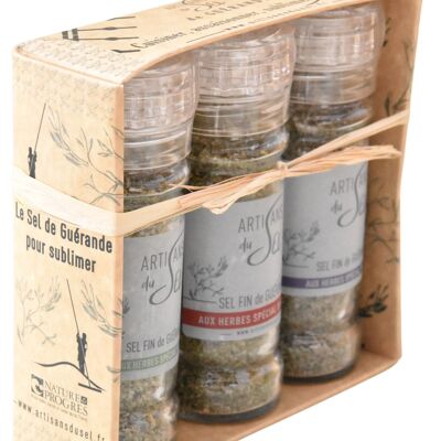 Caja de 3 molinillos de sal con hierbas especiales para ensalada, grill, pescado