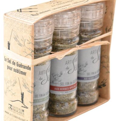 Caja de 3 molinillos de sal con hierbas especiales para ensalada, grill, pescado