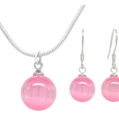 Collana e orecchini con sfera di pietra di luna rosa