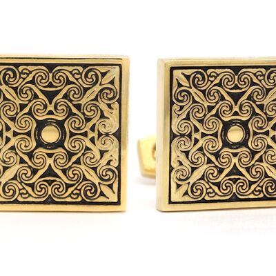 Yellow Gold Black Engraved Square Cufflinks