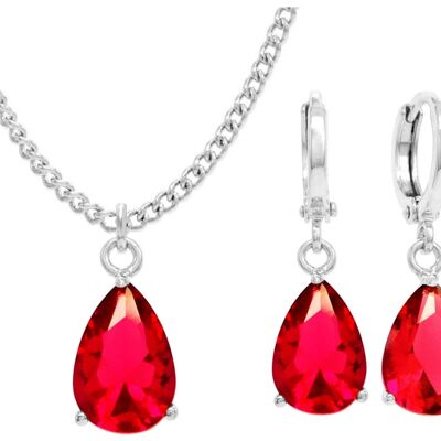 White Gold Red Pear Gem Necklace And Earrings