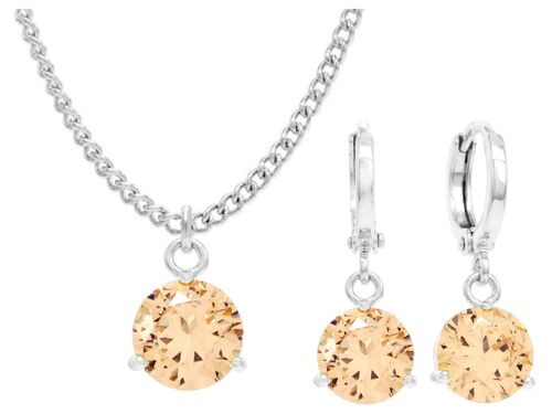 White Gold Champagne Round Gem Necklace And Earrings