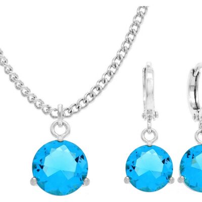 White Gold Blue Round Gem Necklace And Earrings