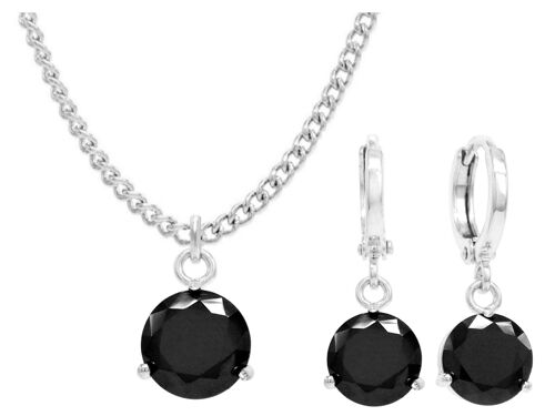 White Gold Black Round Gem Necklace And Earrings