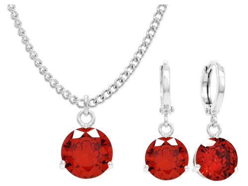 White Gold Red Round Gem Necklace And Earrings