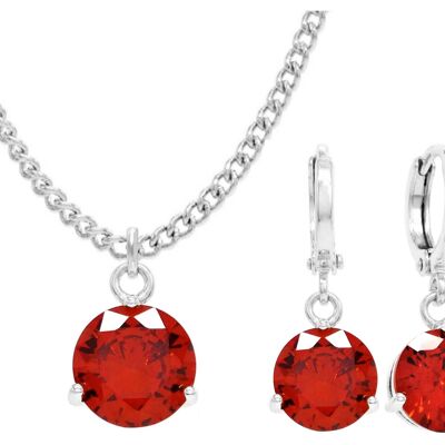 White Gold Red Round Gem Necklace And Earrings