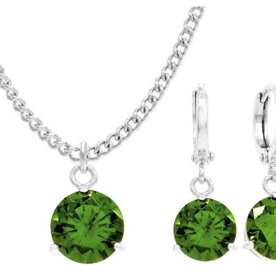 White Gold Green Round Gem Necklace And Earrings