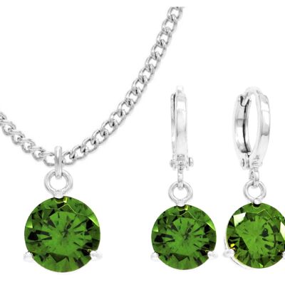 White Gold Green Round Gem Necklace And Earrings