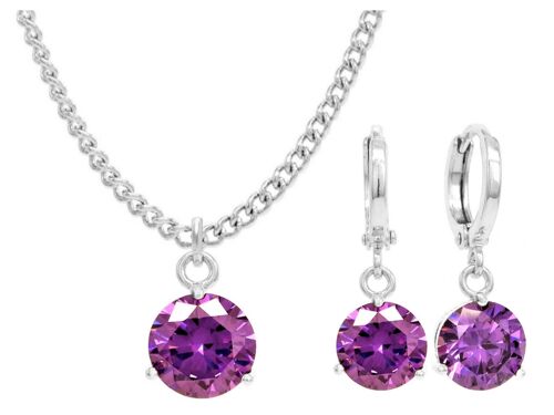 White Gold Purple Round Gem Necklace And Earrings