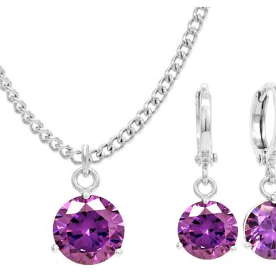 White Gold Purple Round Gem Necklace And Earrings