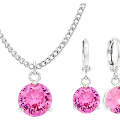 White Gold Pink Round Gem Necklace And Earrings
