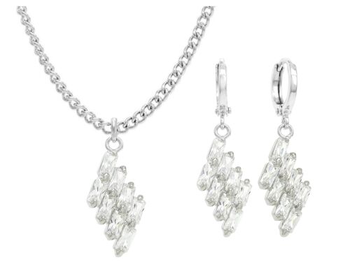 Clear Drop Baguette White Gold Necklace And Earrings