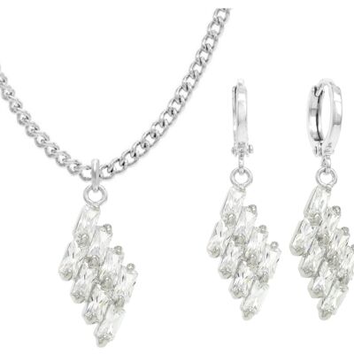 Collier et boucles d'oreilles en or blanc Baguette à gouttes transparentes