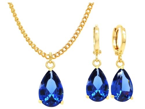 Yellow Gold Blue Pear Gem Necklace And Earrings