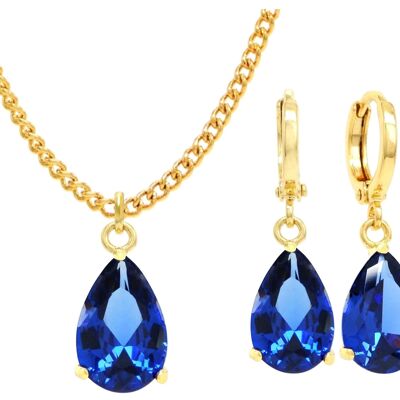 Yellow Gold Blue Pear Gem Necklace And Earrings