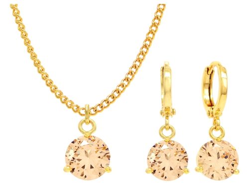 Yellow Gold Champagne Round Gem Necklace And Earrings