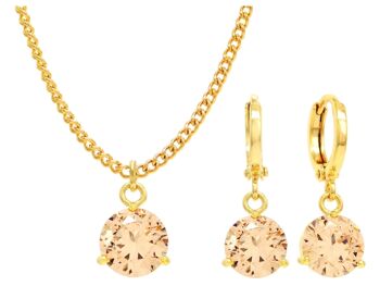 Collier Et Boucles D'Oreilles En Or Jaune Champagne Gemme Ronde 1