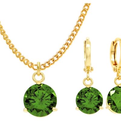 Yellow Gold Green Round Gem Necklace And Earrings