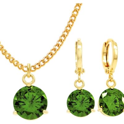 Yellow Gold Green Round Gem Necklace And Earrings
