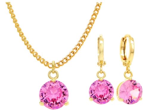 Yellow Gold Pink Round Gem Necklace And Earrings