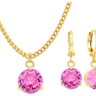 Yellow Gold Pink Round Gem Necklace And Earrings