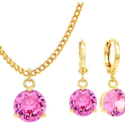 Yellow Gold Pink Round Gem Necklace And Earrings