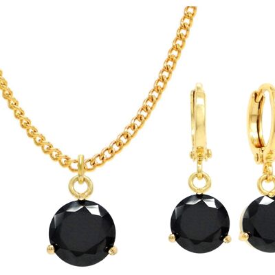 Yellow Gold Black Round Gem Necklace And Earrings