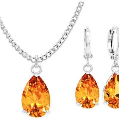 White Gold Citrine Pear Gem Necklace And Earrings