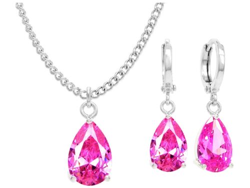 White Gold Pink Pear Gem Necklace And Earrings