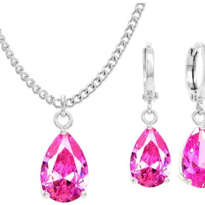 White Gold Pink Pear Gem Necklace And Earrings