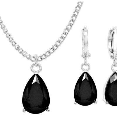 Collier et boucles d'oreilles en or blanc et pierre de lune poire noire