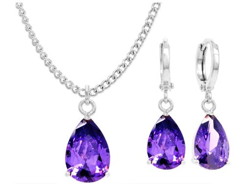 White Gold Purple Pear Gem Necklace And Earrings