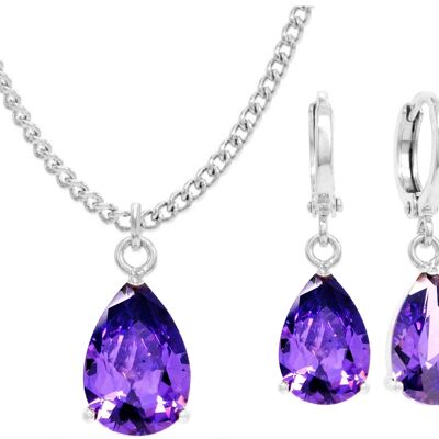 Collier Et Boucles D'oreilles Or Blanc Poire Violette Gemme