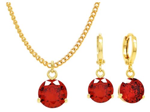 Yellow Gold Red Round Gem Necklace And Earrings