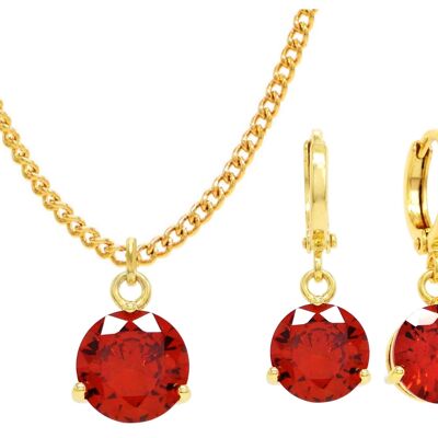 Collier Et Boucles D'oreilles Gemme Ronde Rouge Or Jaune