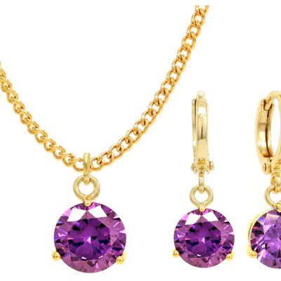 Yellow Gold Purple Round Gem Necklace And Earrings